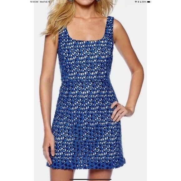 French Connection Fast Wilma Blue Crochet Sheath Mini Dress Sz6 NWT MSRP $248.00 - Picture 1 of 12
